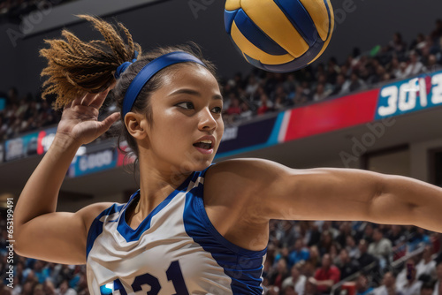 Volleyball player executing a powerful spike during a match, capturing the excitement of the game. Generative Ai