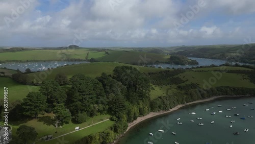 Salcombe, South Devon, England: DRONE VIEWS: Batson Creek & boats (foreground); Sheep grazing on South Hams countryside; the Kingsbridge estuary & yachts. The Kingsbridge estuary is 5.3 miles long. photo