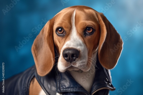 Close-up portrait photography of a cute beagle wearing a leather jacket against a soft blue background. With generative AI technology