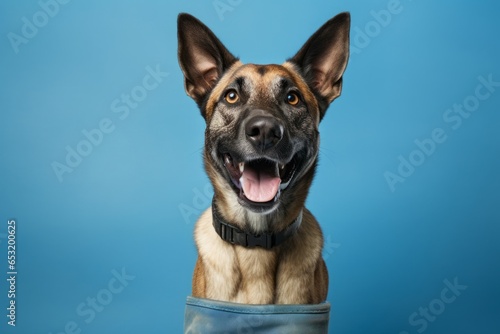 Close-up portrait photography of a happy belgian malinois dog wearing a pair of booties against a soft blue background. With generative AI technology