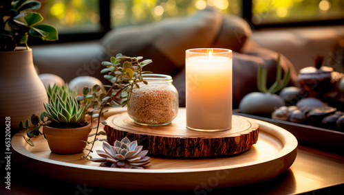 Burning candles. Cozy home decor  atmosphere of relax and aromatherapy concept.