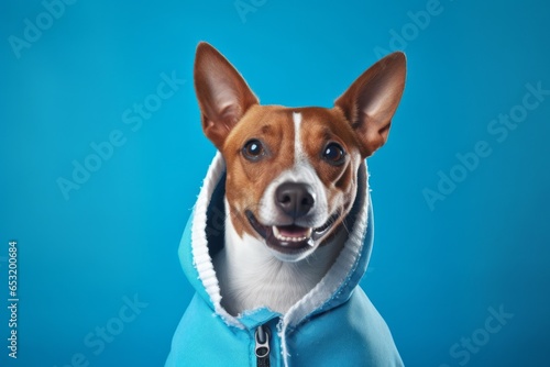 Group portrait photography of a smiling basenji dog wearing a therapeutic coat against a soft blue background. With generative AI technology