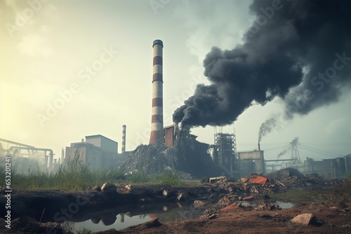 Garbage in front of smokestack factory industry and pollution concept photo