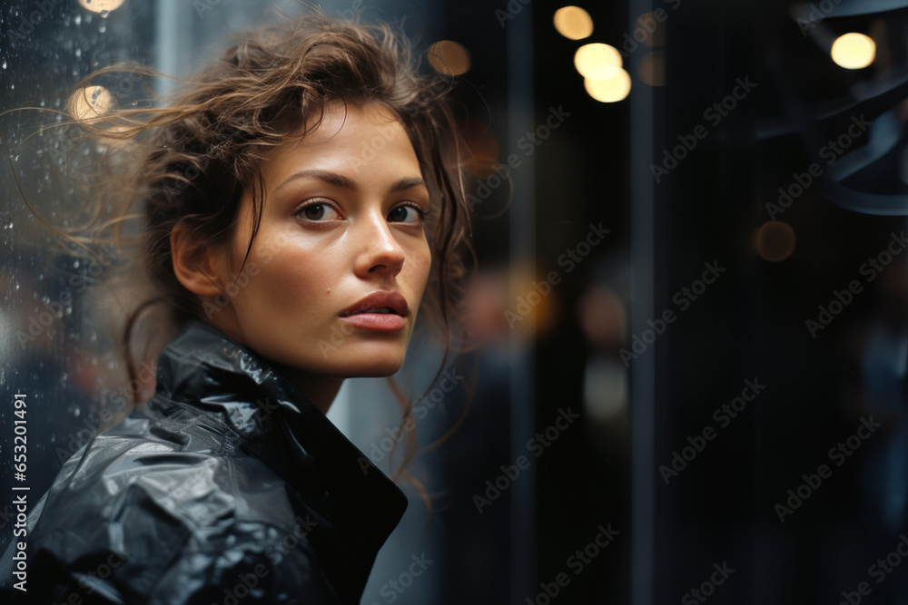 profil d'une jeune femme brune photographiée dans un environnement urbain, fond sombre - obrazy, fototapety, plakaty 