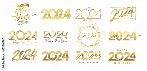 Set of 2024 golden color Happy New Year logo text design. Gold number vector illustrationon on a white background. Creative luxury Xmas greetings and new year 2024 celebration