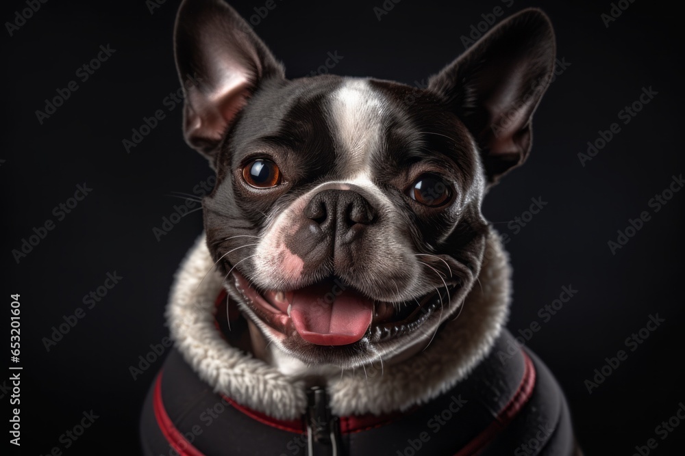 Close-up portrait photography of a happy boston terrier wearing a jumper against a dark grey background. With generative AI technology