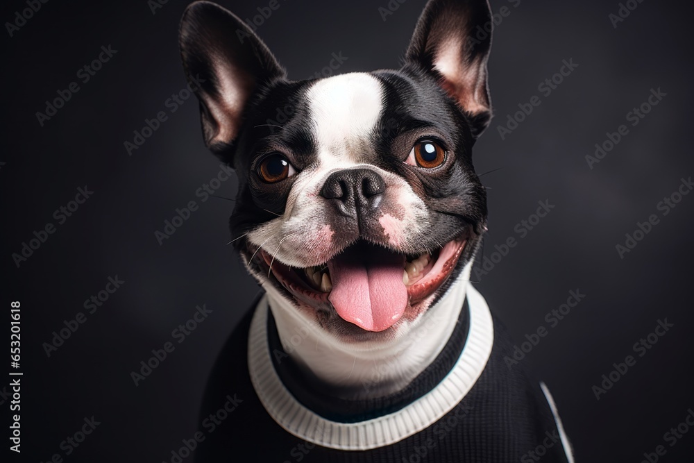 Close-up portrait photography of a happy boston terrier wearing a jumper against a dark grey background. With generative AI technology