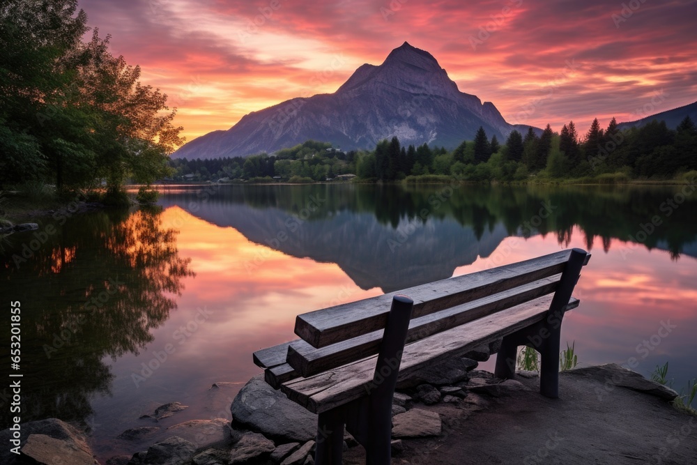 wooden bench overlooking a calm mountain lake at dawn