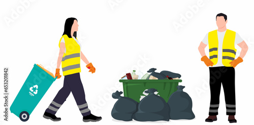 Man and woman collecting litter. Man collected.Woman pulling garbage bin to collect trash and clean up park . Recycling and reuse. Care for nature and environment, zero waste. Waste management concept