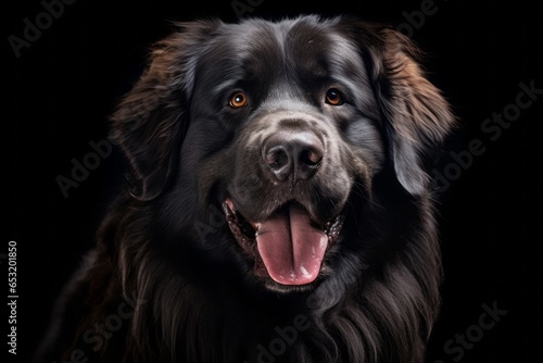 Headshot portrait photography of a smiling newfoundland dog wearing a sailor suit against a dark grey background. With generative AI technology