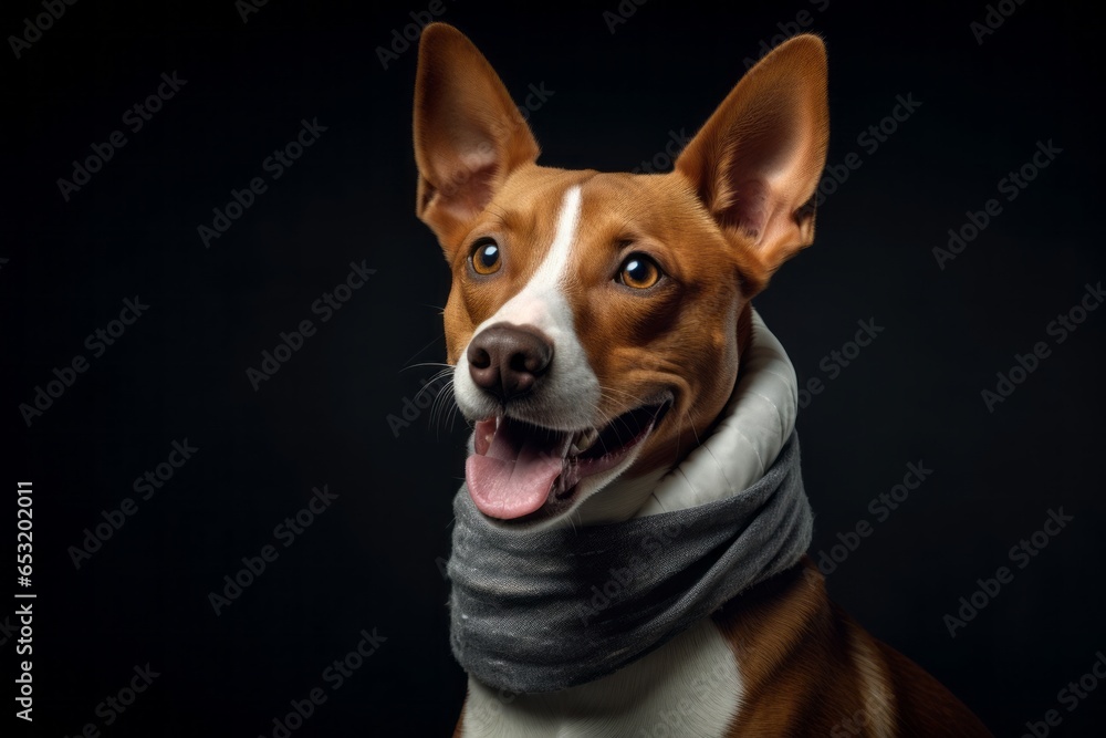 Photography in the style of pensive portraiture of a smiling basenji dog wearing an anxiety wrap against a dark grey background. With generative AI technology