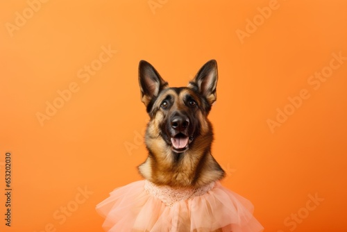 Medium shot portrait photography of a cute german shepherd wearing a frilly dress against a tangerine orange background. With generative AI technology