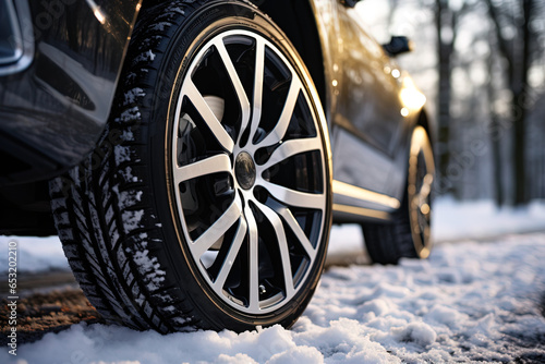 Side view of an black car with a winter tires on a snowy road