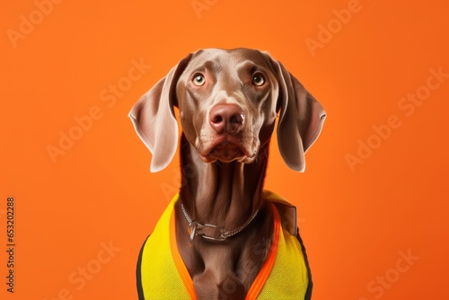 Group portrait photography of a smiling weimaraner dog wearing a safety vest against a tangerine orange background. With generative AI technology