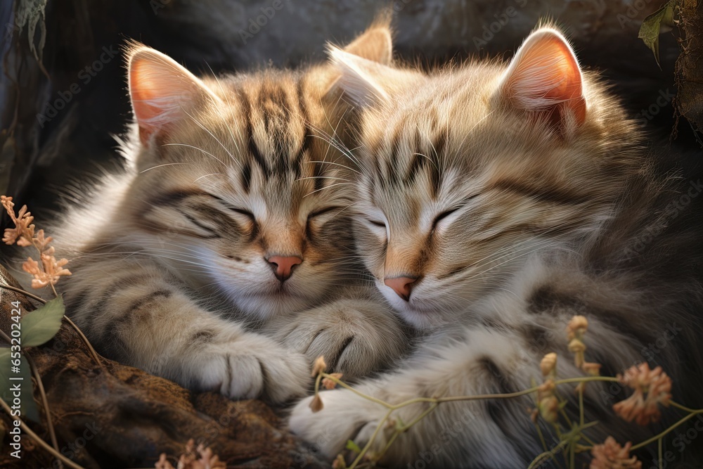 a pair of cute tabby cats sleep together a pair of cute tabby cats sleep together