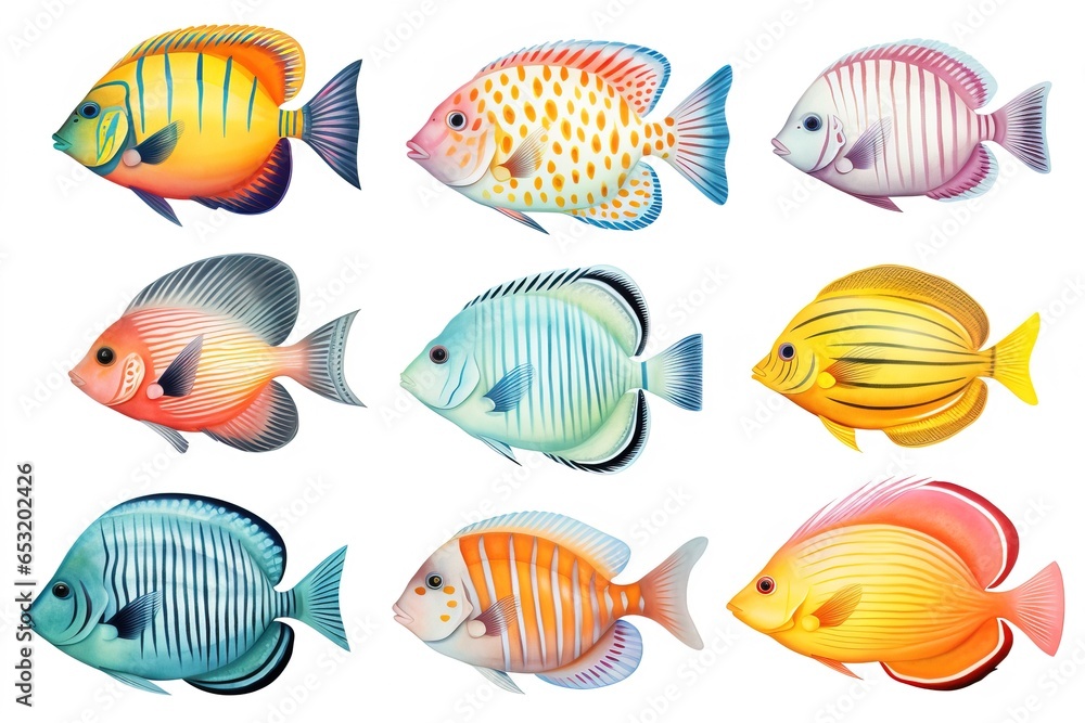 set of watercolor colorful tropical fish isolated on white background - obrazy, fototapety, plakaty 
