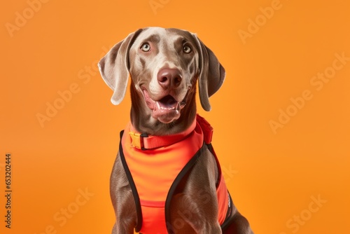 Group portrait photography of a smiling weimaraner dog wearing a safety vest against a tangerine orange background. With generative AI technology