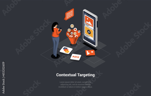 Contextual Targeting, Ppc Online Advertising Concept. Marketing Context Campaign With Laptop, Woman Near Funnel, Ads, And Icons. Analytics, Strategy, Profit Growth. Isometric 3d Vector Illustration
