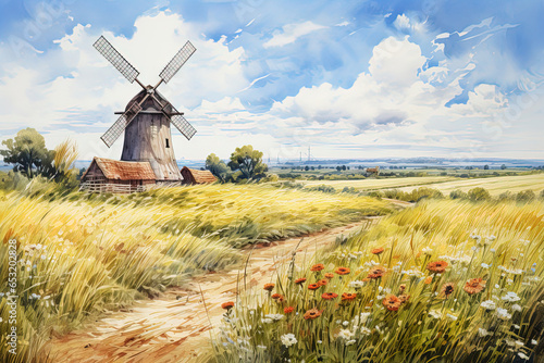Fototapeta Naklejka Na Ścianę i Meble -  watercolor idyllic landscape field with windmill, flowers and road on a summer day