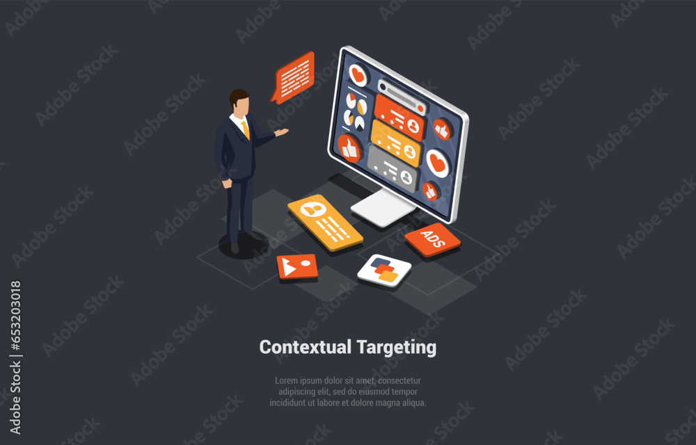 Contextual Targeting Presentation, Ppc Online Advertising Concept. Marketing Context Campaign, Online Service or Platform. Character Presents New Project On Computer. Isometric 3d Vector Illustration Contextual Targeting Presentation, Ppc Online Advertising Concept. Marketing Context Campaign, Online Service or Platform. Character Presents New Project On Computer. Isometric 3d Vector Illustration