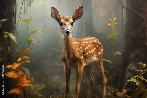 a young fawn playing amidst misty forest foliage