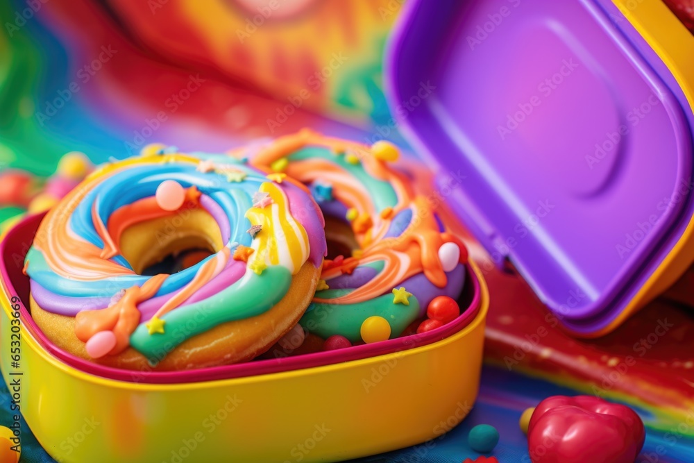 close-up of a doughnut in a childs colorful lunchbox