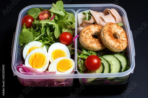 a fitness lunchbox containing a protein doughnut, salad, and a protein shake