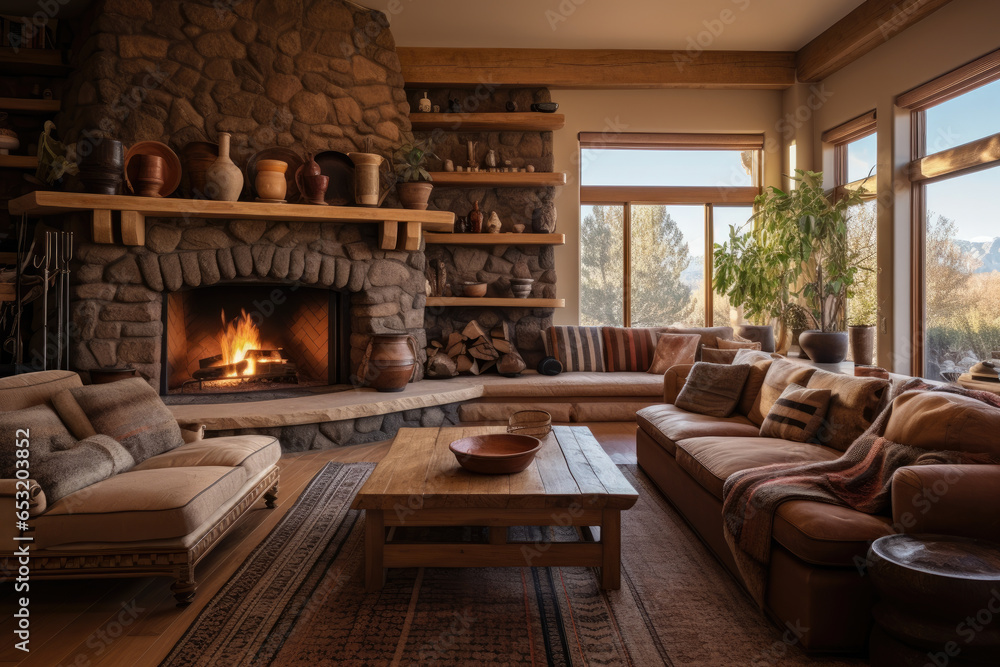 Embracing Native American Heritage: A Serene Living Room Retreat with Warm Earthy Tones, Handcrafted Artifacts, and Cozy Wooden Furniture