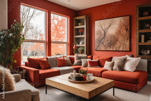Step into the inviting warmth of a spacious, contemporary living room adorned with stylish furniture, cozy seating, and accent pieces, bathed in brick red colors, boasting a bookshelf, fireplace © aicandy