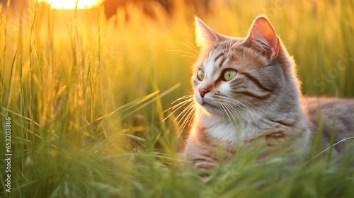 A cat laying in the grass in front of a sunset © Tremens Productions