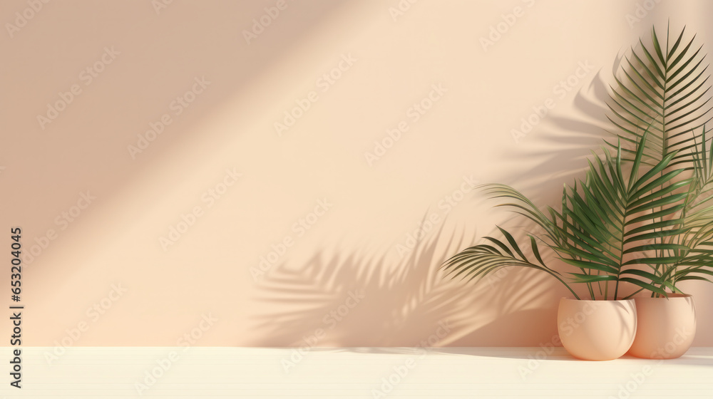 Minimalist Product Presentation: Mockup with Subtle Shadows, Palm Leaves, and Light Pastel Wall - An Abstract Background for Showcase and Display. Minimalist Product Presentation: Mockup with Subtle Shadows, Palm Leaves, and Light Pastel Wall - An Abstract Background for Showcase and Display.