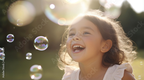 Euphoric Moments: Caucasian Child Daughter Embraces Joy, Laughing, Playing with Soap Bubbles, Radiating Excitement and Delight in the Bliss of Summer Vacation and Family Holidays.