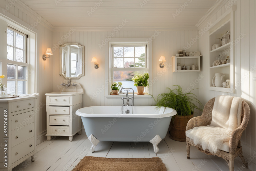 Embrace the Serenity and Elegance of a Cozy Cottage Bathroom with Vintage Clawfoot Tub, Beadboard Walls, and Rustic Charm for a Nostalgic Retreat of Warmth and Comfort. Embrace the Serenity and Elegance of a Cozy Cottage Bathroom with Vintage Clawfoot Tub, Beadboard Walls, and Rustic Charm for a Nostalgic Retreat of Warmth and Comfort.