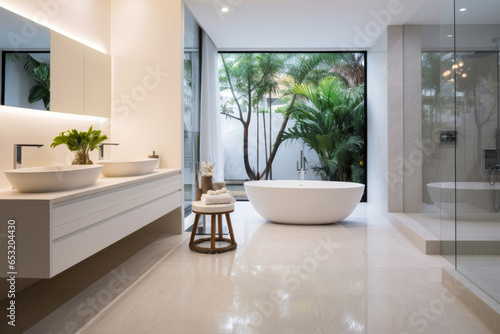 Immerse in the Serene Oasis: Experience the Luxurious Elegance of a Stunning White Bathroom Interior, with Tranquil Ambiance and Modern Aesthetic, offering Spacious Comfort, Clean and Stylish Design