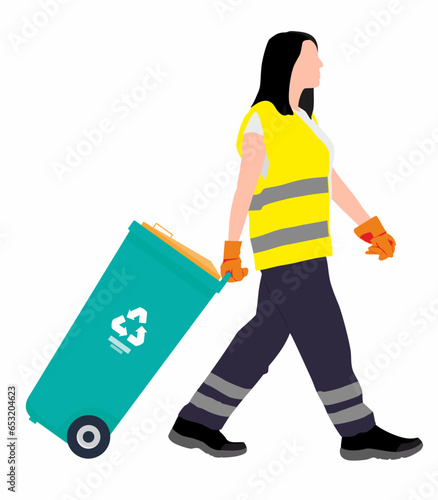 Female janitor or garbage collector pulling garbage bin after collecting trash on isolated white background. 