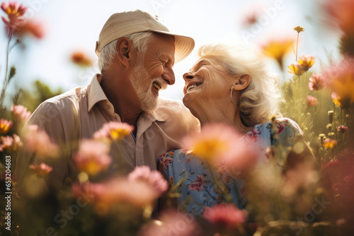 beautiful elder couple enjoying the summer sun on a flowers meadow