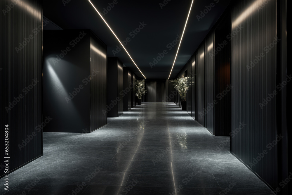 An Elegant and Serene Monochromatic Hallway Interior, Seamlessly Blending Captivating Charcoal Tones with Sleek Modern Elements, Subtle Lighting, and Architectural Shadows.