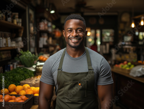 Happy African man in apron pose at own greengrocer shop, selling fresh fruits and vegetable, portrait of small business owner smile looking at camera. Entrepreneurship, salesman, store worker portrait