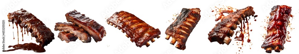 set of  grilled pork ribs with sauce on  transparent background ,  Close up of spicy grilled spare ribs 