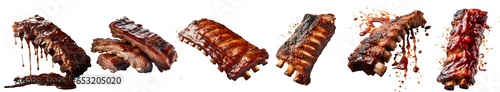 set of grilled pork ribs with sauce on transparent background , Close up of spicy grilled spare ribs 