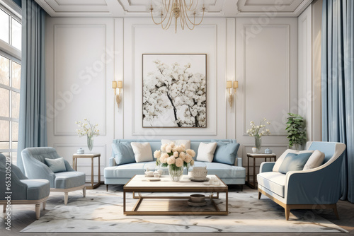 A Stylish and Cozy Living Room Interior with Serene Blue and Beige Tones  Elegant Furniture  Modern Accents  and Natural Lighting  Creating a Harmonious Ambiance of Relaxation and Comfort.