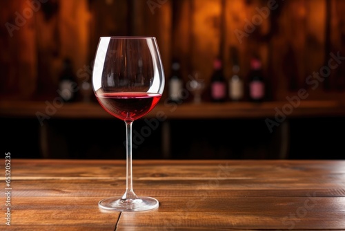 a solitary wine glass with red wine on a wooden table
