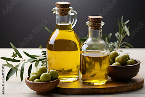 Olive oil. Bottle with olive and natural oil. Copy space
