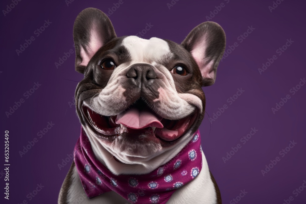 Medium shot portrait photography of a happy french bulldog wearing a bandana against a deep purple background. With generative AI technology