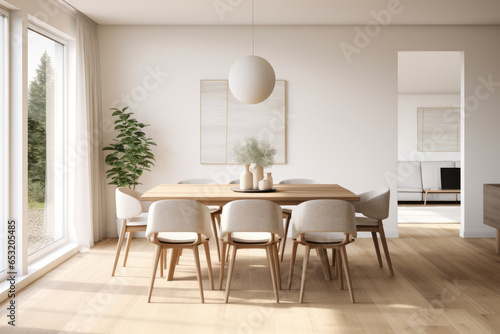 A Timelessly Elegant Scandinavian Dining Room: Serene Interior with Clean Lines, Neutral Colors, and Sleek Minimalist Decor, Showcasing the Beauty and Functionality of Scandinavian Aesthetics.