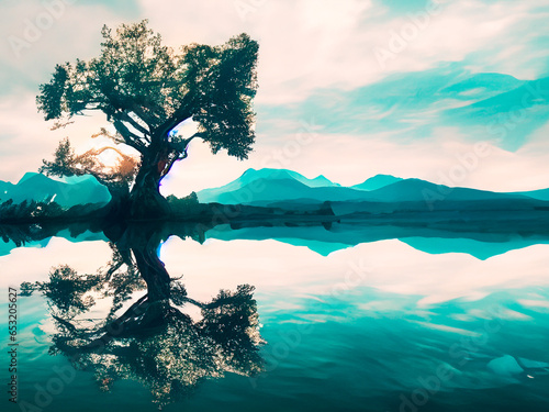 Beautiful tree in the lake AI generated image