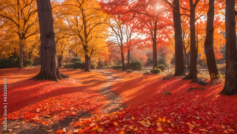 Fototapeta premium Vibrant Autumn forest park landscape. Generative ai