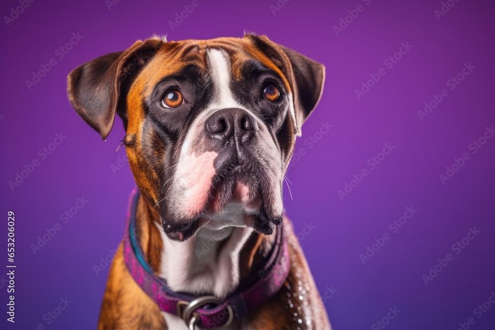 Headshot portrait photography of a funny boxer dog wearing a swimming vest against a deep purple background. With generative AI technology
