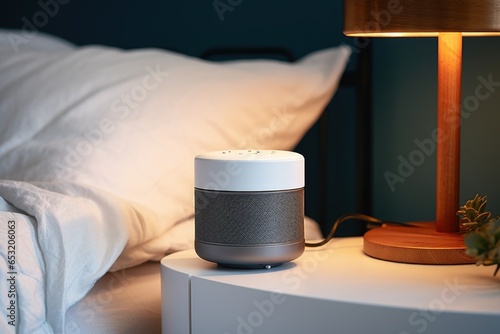 white noise machine on a bedside table