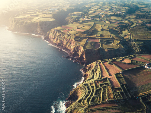 Aerial view of Sao Miguel shores and coastline at sunrise, Azores Islands, Portugal, Atlantic